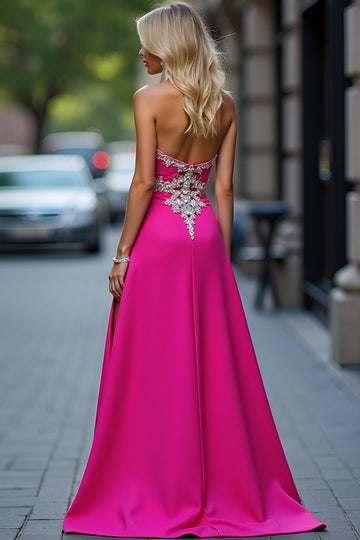 Appliques Fuchsia Robe de Bal Sans Bretelle Avec Fente